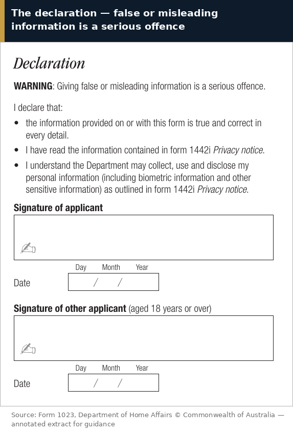 Form 1023 declaration — the warning that giving false or misleading information is a serious offence, above the signature and date