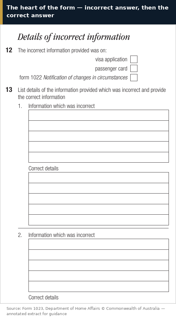 Form 1023 details of incorrect information — the paired fields for the incorrect answer as originally given and the correct answer, repeated for each correction
