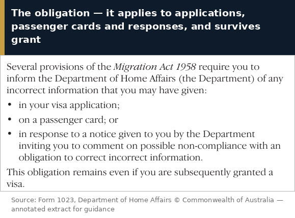 Form 1023 information page — the Migration Act provisions requiring notification of incorrect information given in a visa application, on a passenger card, or in response to a Departmental notice, with the statement that the obligation remains even after a visa is granted