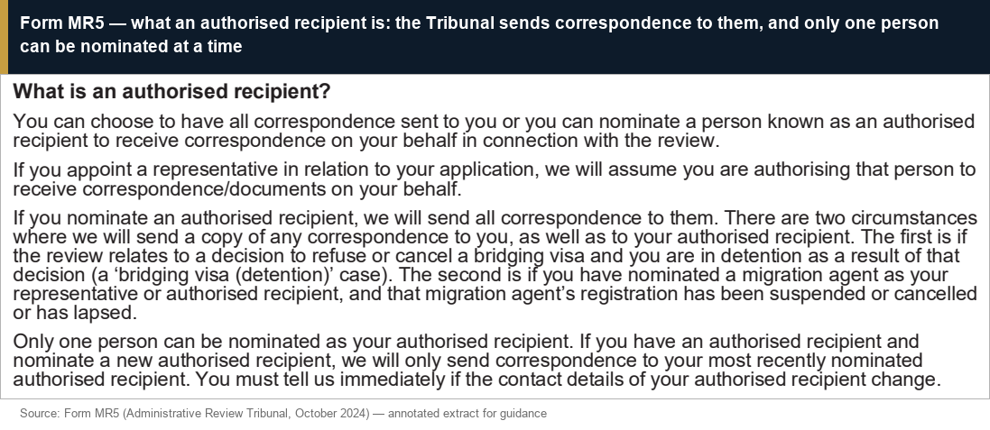 Form MR5 — what an authorised recipient is: the Tribunal sends correspondence to them, and only one person can be nominated at a time
