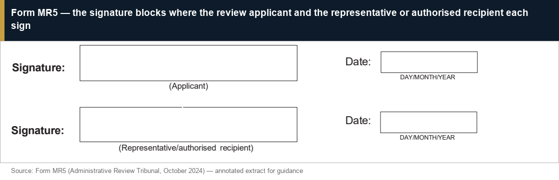 Form MR5 — the signature blocks where the review applicant and the representative or authorised recipient each sign and date